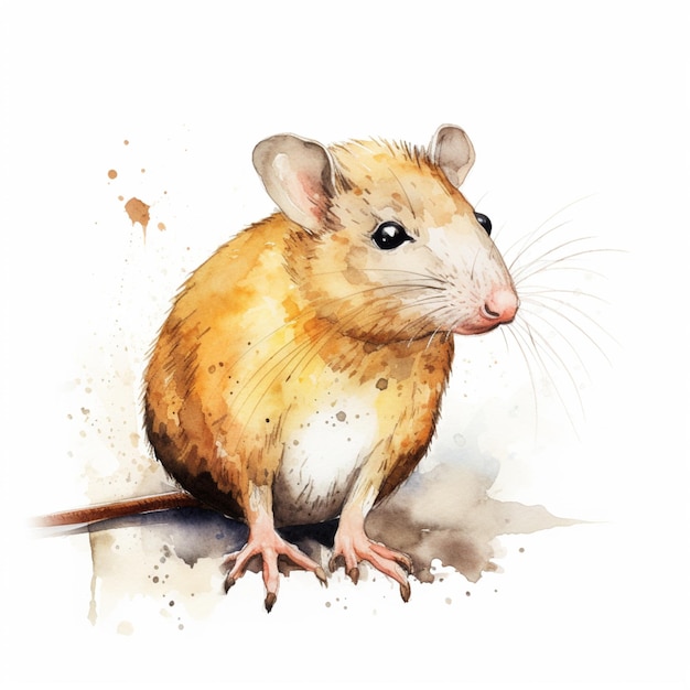 Er is een aquarel schilderij van een muis die op een richel zit.
