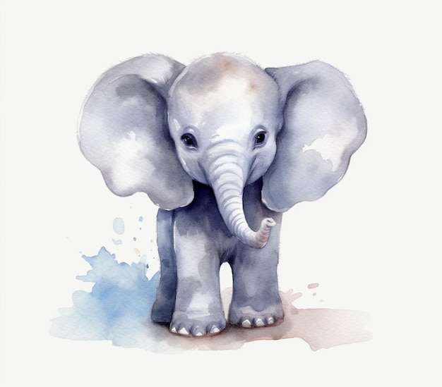Er is een aquarel schilderij van een olifant die voor een witte achtergrond staat.