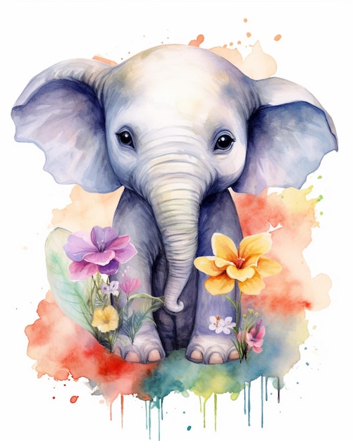 Er is een aquarel schilderij van een olifant met bloemen generatieve ai