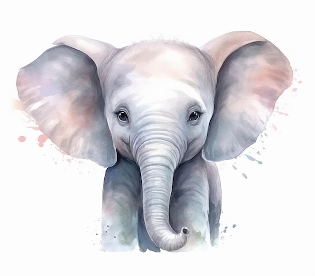 Er is een aquarel schilderij van een olifant met een grote slagtand.