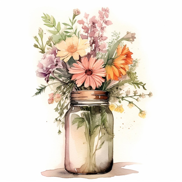 Er is een aquarel schilderij van een pot met bloemen erin generatieve ai