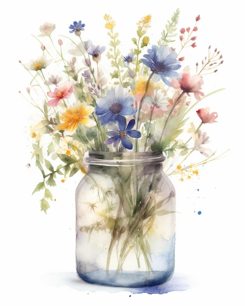 Foto er is een aquarel schilderij van een pot met bloemen erin generatieve ai