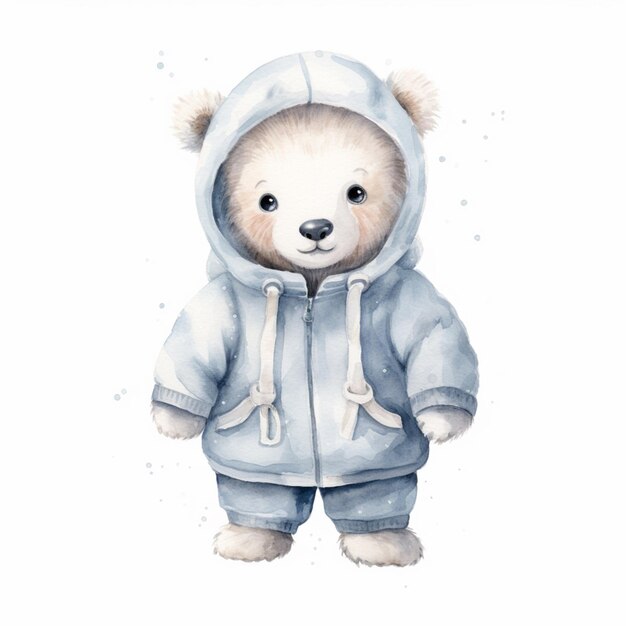 Er is een aquarel schilderij van een teddybeer die een hoodie draagt.