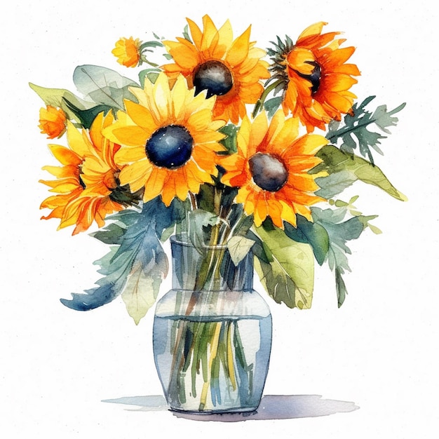 Er is een aquarel schilderij van een vaas met zonnebloemen generatieve ai