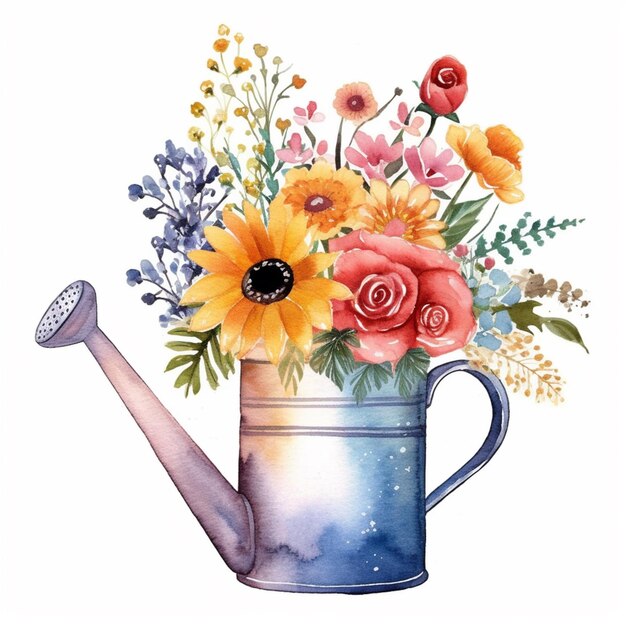 Er is een aquarel schilderij van een waterpot met bloemen generatieve ai