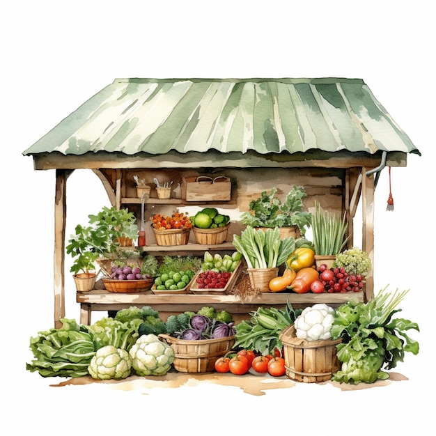 er is een aquarel van een groentekraam met generatieve ai voor verse producten