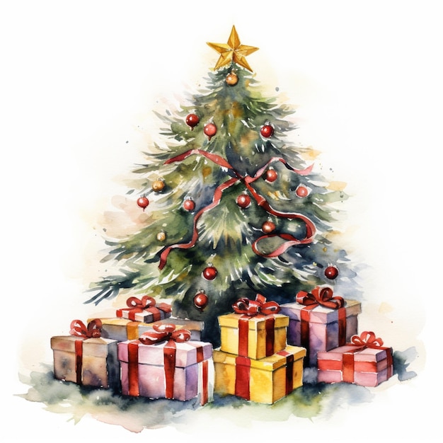 Er is een aquarel van een kerstboom met cadeautjes generatieve ai