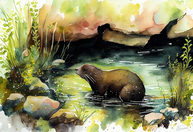 er is een aquarel van een otter in de watergeneratieve ai