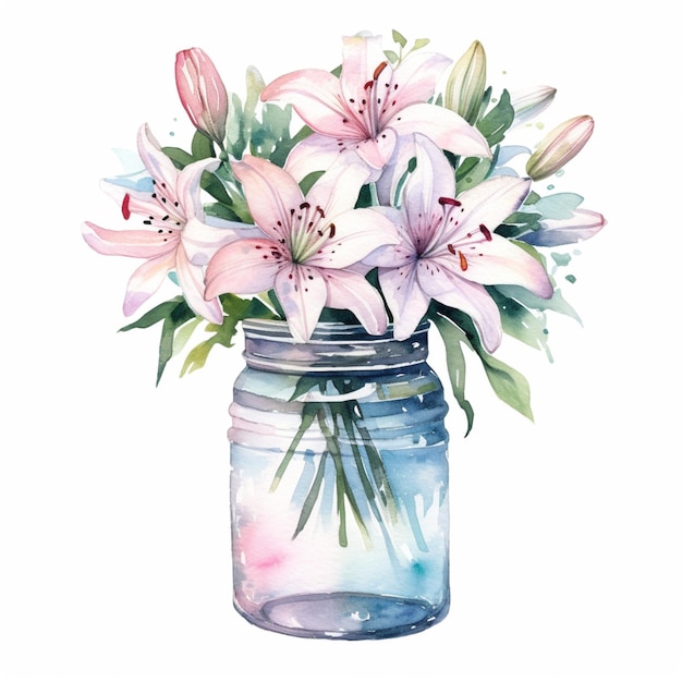 Er is een aquarel van een pot met bloemen erin generatieve ai