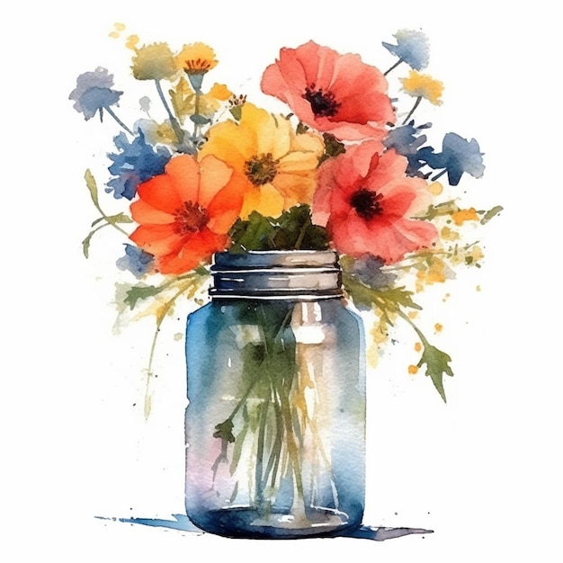 Er is een aquarel van een pot met bloemen erin generatieve ai