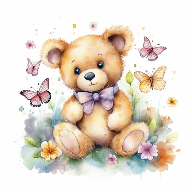 er is een aquarel van een teddybeer met vlinders generatieve ai