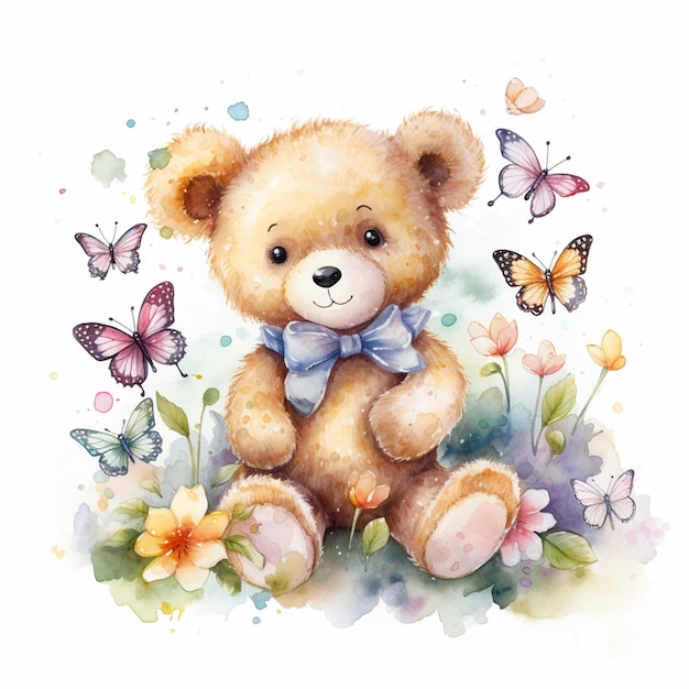 er is een aquarel van een teddybeer met vlinders generatieve ai