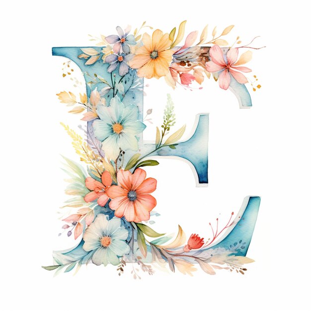 er is een aquarelschilderij van de letter e met bloemen generatieve ai