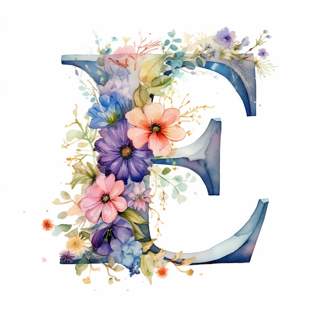 er is een aquarelschilderij van een letter e met bloemen generatieve ai