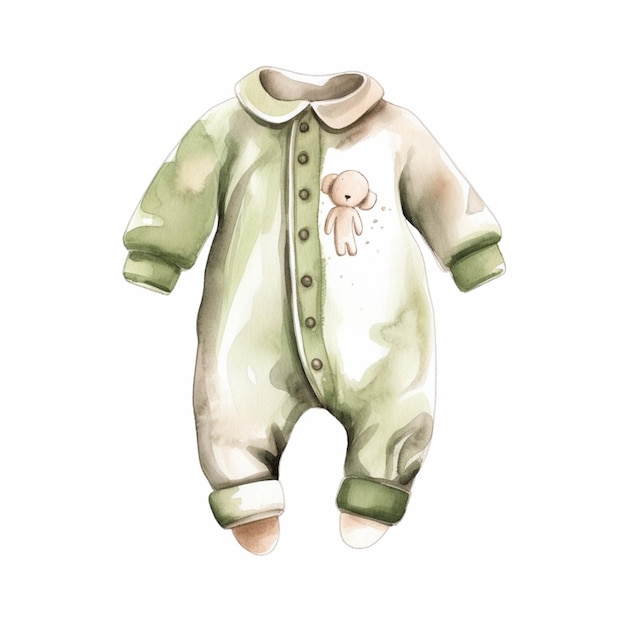 Er is een baby die een groen-witte outfit draagt met een teddybeer erop generatieve ai