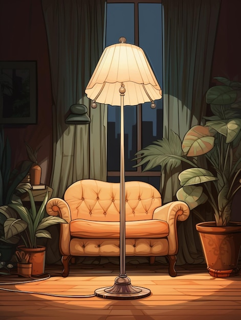 Er is een bank en een lamp in een kamer met planten generatieve ai