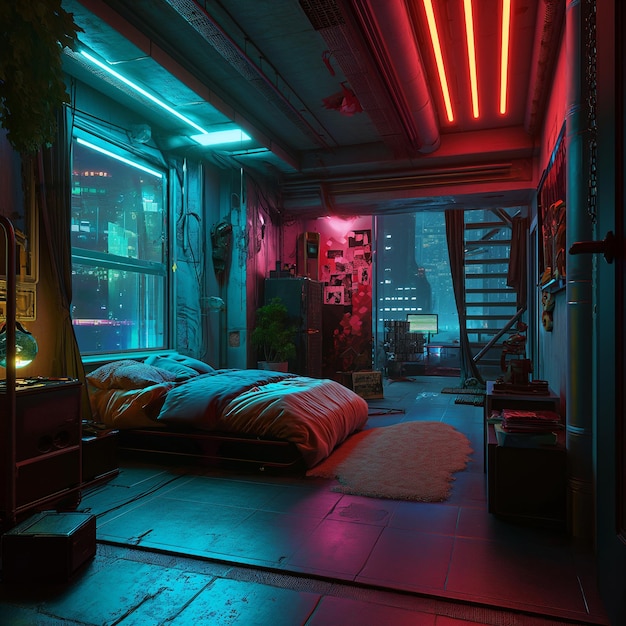 Er is een bed in een kamer met een neon lichtgenerator ai