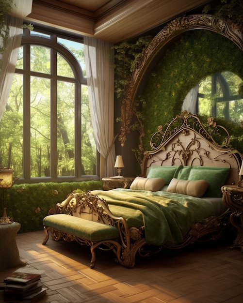Er is een bed met een groene dekbed en een spiegel in de kamer.