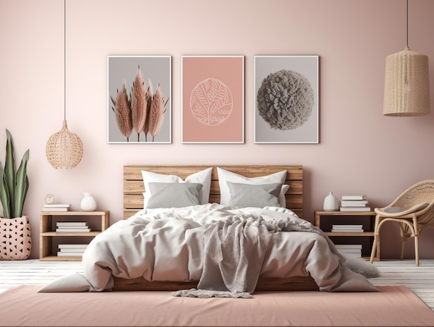 Er is een bed met een roze deken en een houten hoofdeinde generatieve ai