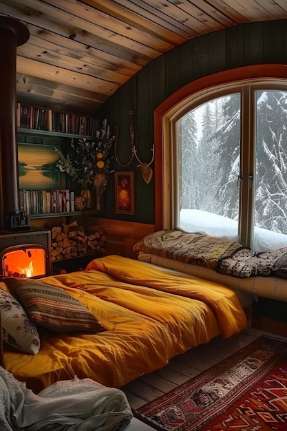 Er is een bed met gele lakens en kussens in een kamer generatieve ai