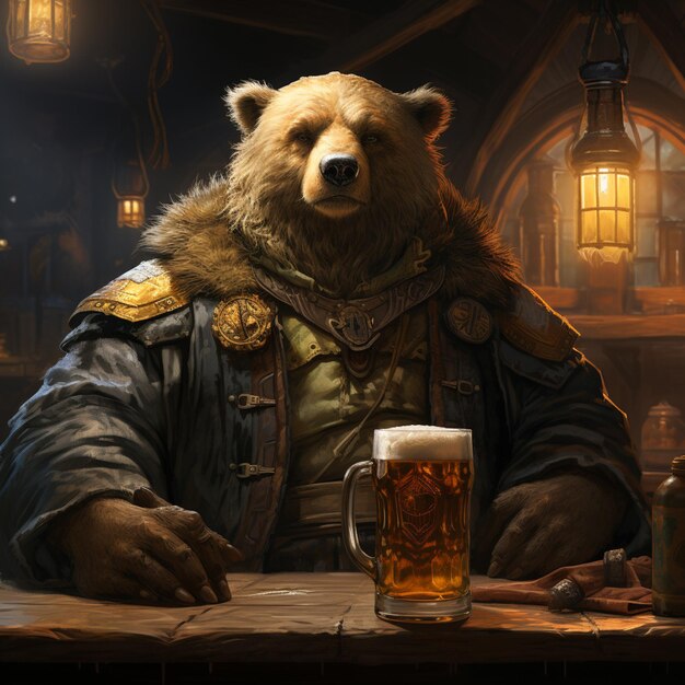 Foto er is een beer die aan een tafel zit met een biergeneratieve ai