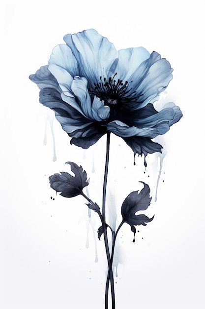 Foto er is een blauwe bloem met een zwarte stengel en een witte achtergrond generatieve ai