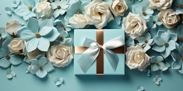 Er is een blauwe geschenkdoos met een wit lint en bloemen generatieve ai