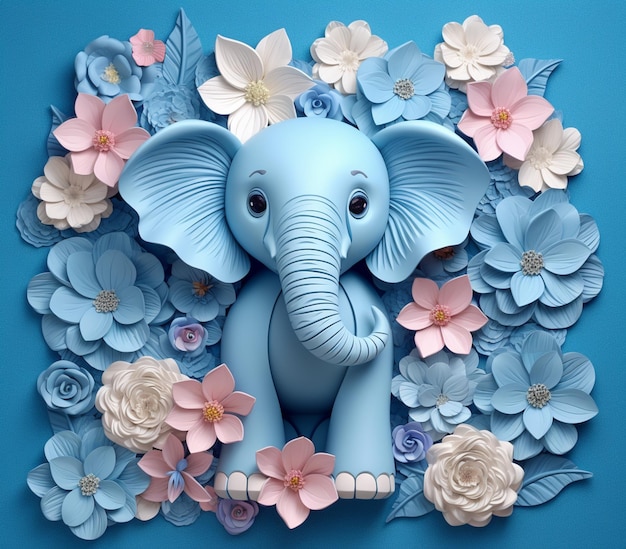 er is een blauwe olifant met bloemen in het midden ervan generatieve ai