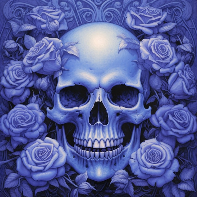 Er is een blauwe schedel en rozen op een blauwe achtergrond generatieve ai