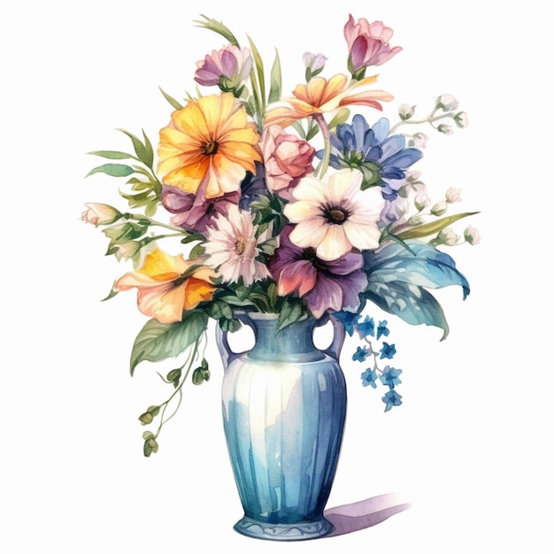 Er is een blauwe vaas met bloemen erin op een witte achtergrond generatieve ai