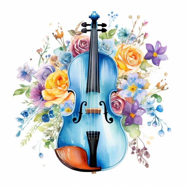 Er is een blauwe viool met bloemen eromheen.