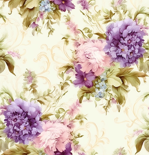 er is een bloemenpatroon met paarse en roze bloemen op een witte achtergrond generatieve ai