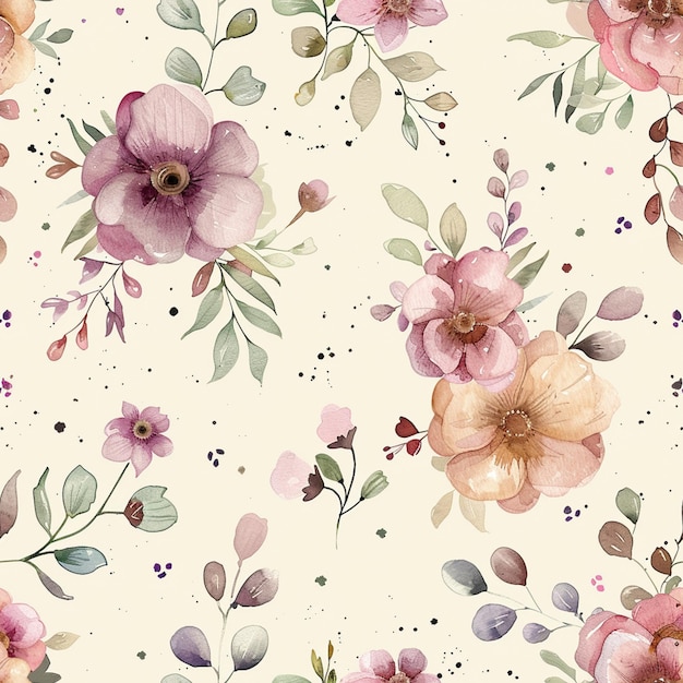 er is een bloemenpatroon met roze en paarse bloemen op een witte achtergrond generatieve ai