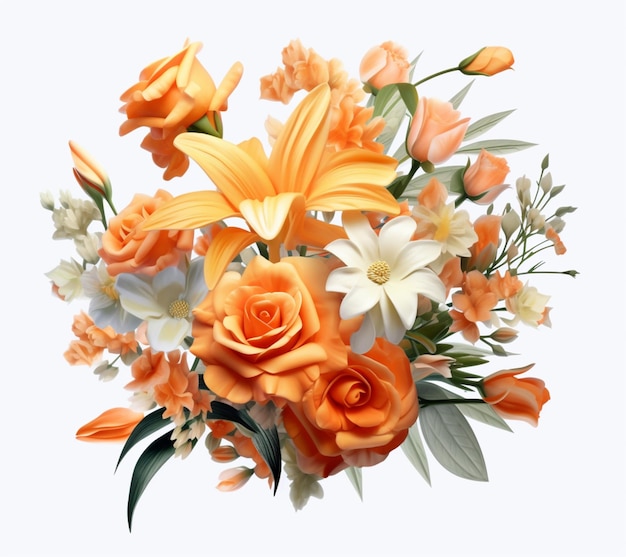 er is een boeket oranje en witte bloemen op een witte achtergrond generatieve ai