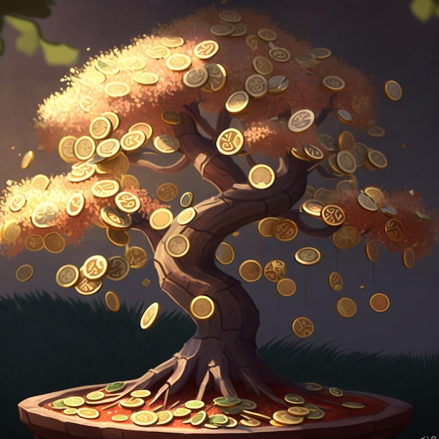 Foto er is een bonsaiboom waar munten uit vallen generatieve ai