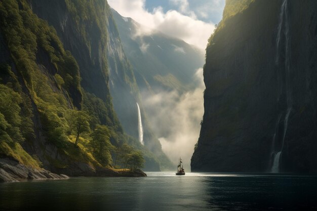 Er is een boot die drijft in het water bij een waterval generatieve ai