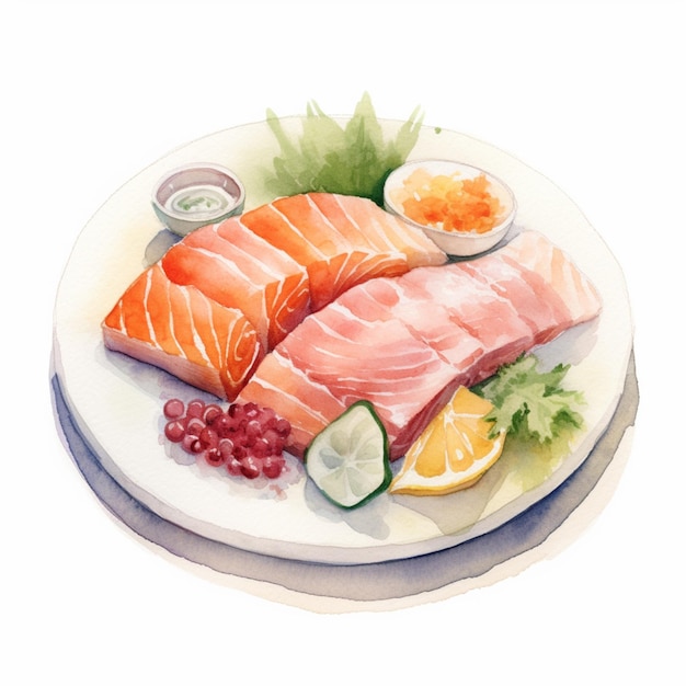 Er is een bord met vis en groenten op een wit bord generatief ai