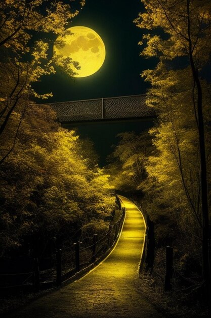 Er is een brug over de rivier in de jungle in de donkere nacht met helder maanlicht