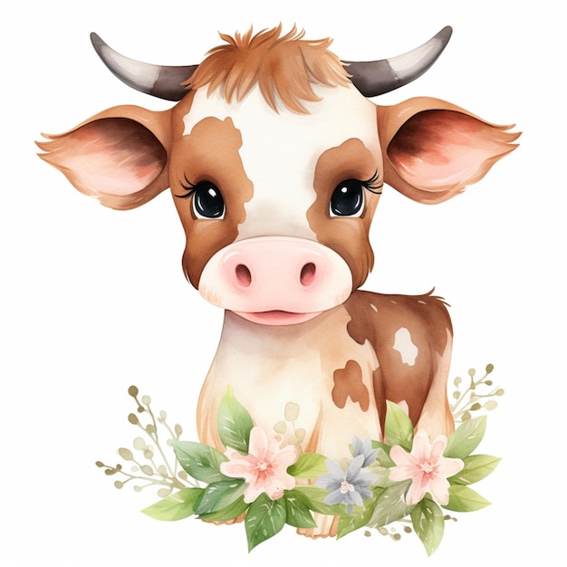 er is een bruin-witte koe met bloemen op zijn kop generatieve ai