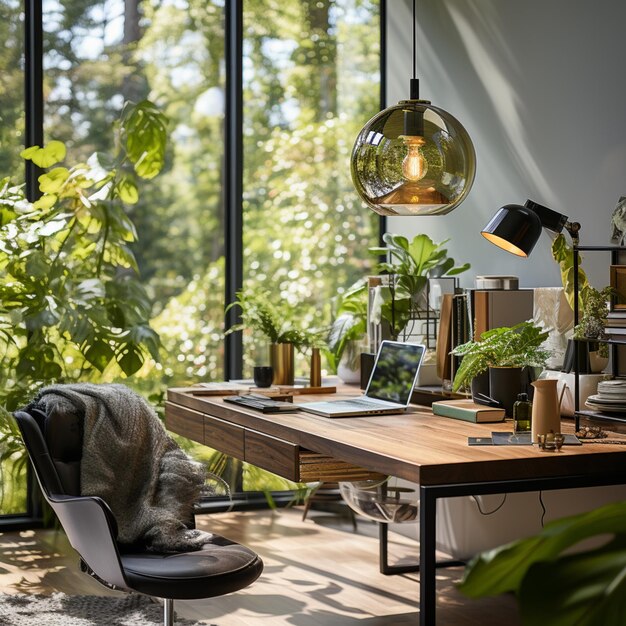 Foto er is een bureau met een stoel en een lamp in de kamer generatieve ai