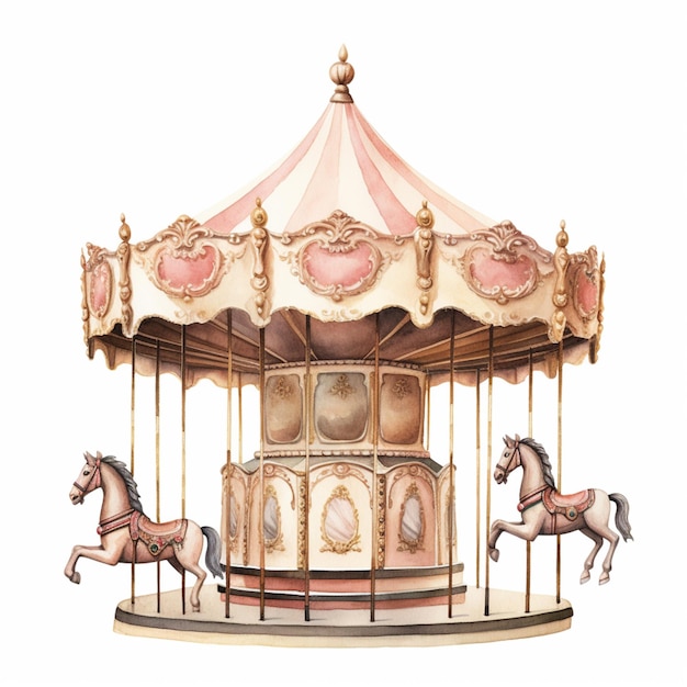 Foto er is een carrousel met paarden op een witte achtergrond.