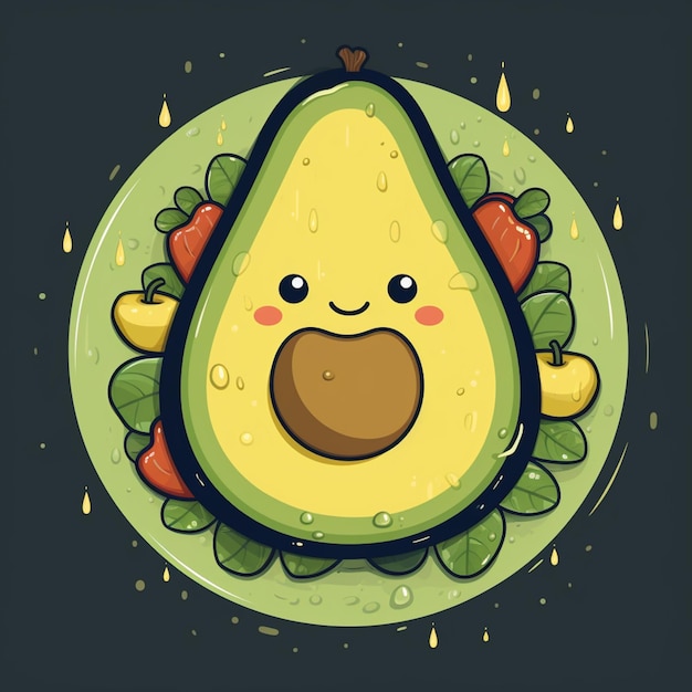 Foto er is een cartoon avocado met een gezicht op een bord generatieve ai