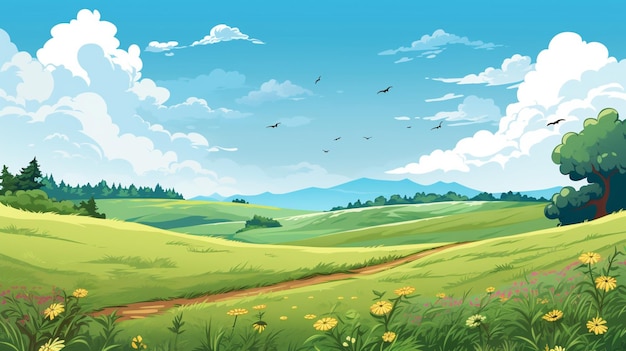 Er is een cartoon illustratie van een groen veld met bloemen generatieve ai