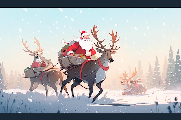 Er is een cartoon van de kerstman die op een rendier rijdt met een slee generatieve ai