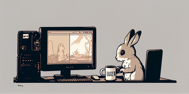Foto er is een cartoon van een konijn dat achter een computer-generatieve ai zit