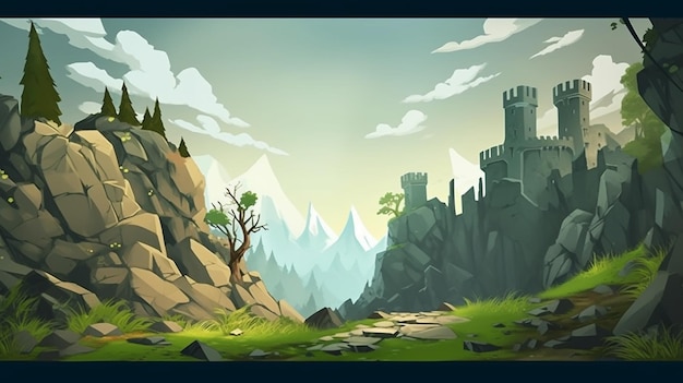er is een cartoonachtige afbeelding van een kasteel in de bergen generatieve ai
