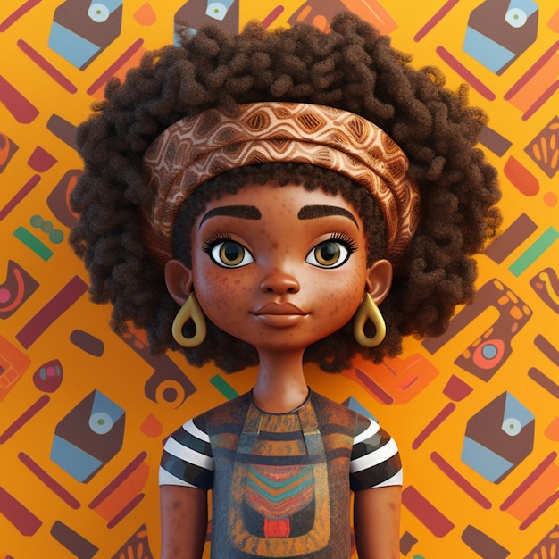 er is een cartoonpop met groot afrohaar en een bandana generatieve ai