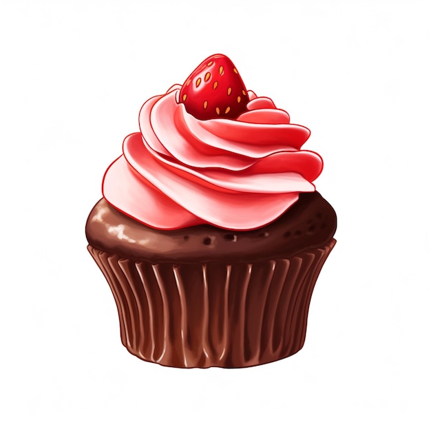 Foto er is een chocoladecupcake met een aardbei bovenop generatieve ai