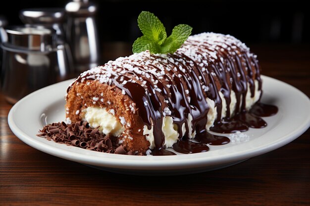 Er is een chocoladekoek met een chocolade regenval en munt op de top generatieve ai