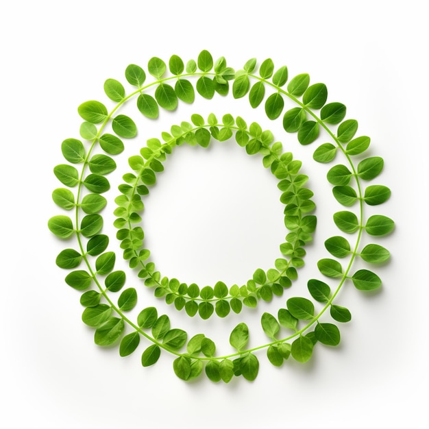Foto er is een cirkelvormig frame gemaakt van groene bladeren op een wit oppervlak generatieve ai